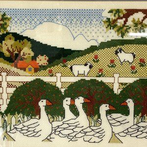 Vintage Wall Art - Vtg Needlepoint Cross-Stitch Farm Scene Framed Mat Vintage Wall Art - Vtg Needlepoint Cross-Stitch Farm Scene Framed Mat